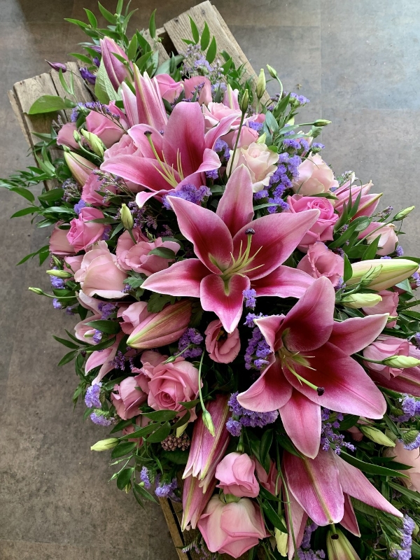 Pink Lily and Rose Casket Spray